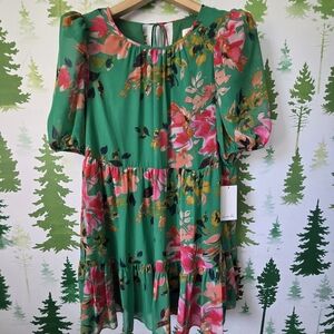Harper Rose Green Floral Midi Dress with Puff Sleeves